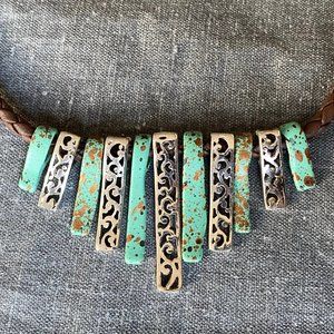 Boho Braided Corded Turquoise Silver Necklace